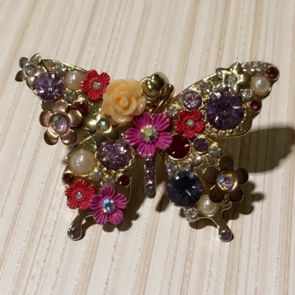 Gold-Tone Butterfly Pendant with Pink and Purple Rhinestones and Flowers